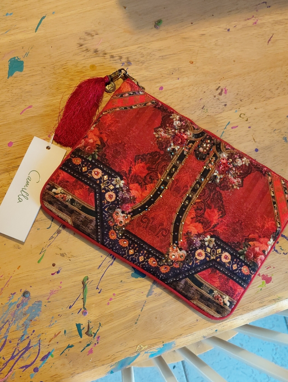Camilla Red Embellished Floral Zip Clutch with Tassel